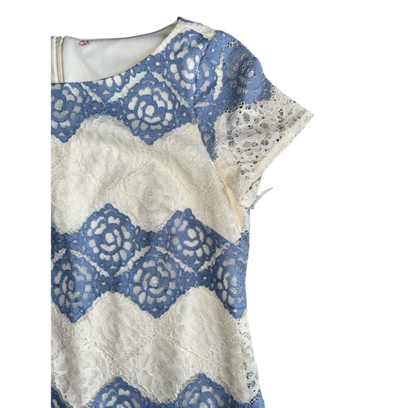 Suiti Lace Shift Dress Blue White Scallop Floral Overlay Short Sleeve Sz 10P - Picture 4 of 12